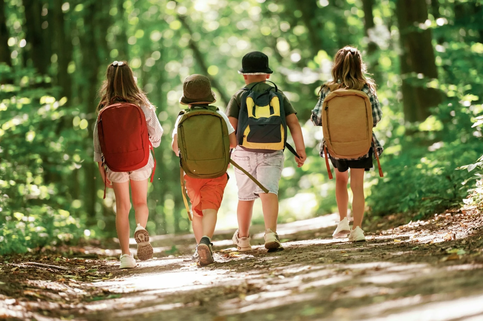 with-backpacks-kids-in-forest-at-summer-daytime-together